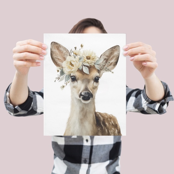 Watercolor Deer with Flower Wreath Illustration Wall Art Print Poster, Unframed - Picture 4 of 6
